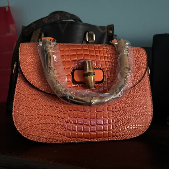 Neiman Marcus Bamboo Handle Crocodile Print Top Handle Bag - Picture 2 of 8